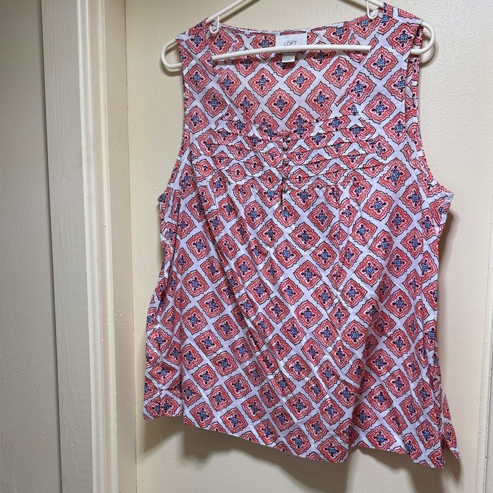 LOFT Sleeveless Blouse with Red/Orange and Turquoise Pattern